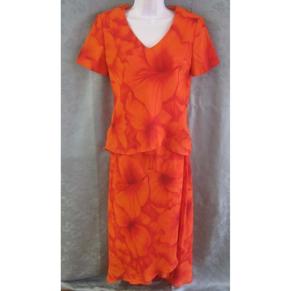 Donna Ricco Skirt Set Size 6 Sheer Lined Bright Floral Print Top & Skirt Outfit
